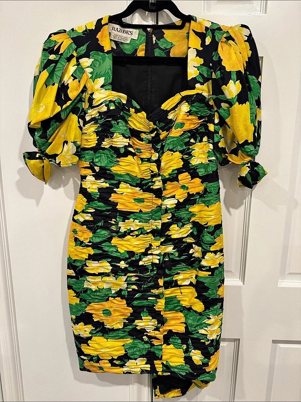 Vintage Razook's Floral Silk Mini Dress in black with floral yellow and green pr